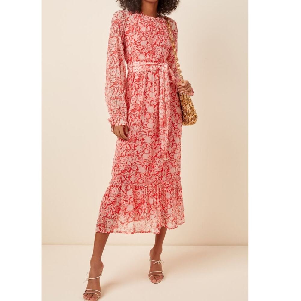 Banjanan Ester Floral High Neck Tie Waist Chiffon Overlay Midi Dress Small